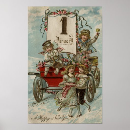 Ein glückliches neues JahrKinder rund um einen rot Poster (Vorne)