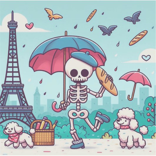 Ein glückliches Skelett im regnerischen Paris Aufkleber (Vorderseite)