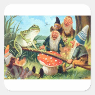 Ein Gnom und Frosch auf einer Pilz-Wippe Quadratischer Aufkleber