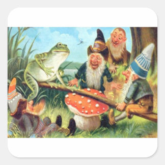 Ein Gnom und Frosch auf einer Pilz-Wippe Quadratischer Aufkleber