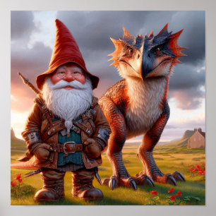 Ein Gnome-Krieger, der mit seinem Drachen posiert Poster