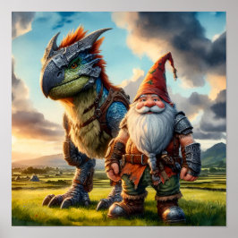 Ein Gnome-Krieger, der mit seinem Drachen posiert Poster