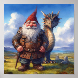 Ein Gnome-Krieger mit seinem Drachen Poster