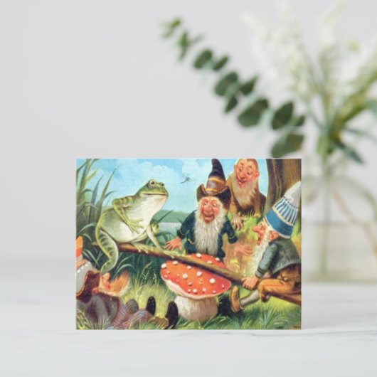 Ein Gnome und Frosch auf einer Pilzsäge Postkarte (Stehend Vorderseite)