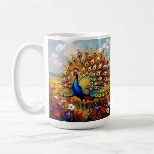 Ein goldener und blauer Pfau in Blumen Kaffeetasse