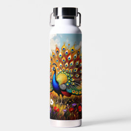 Ein goldener und blauer Pfau in Blumen Trinkflasche