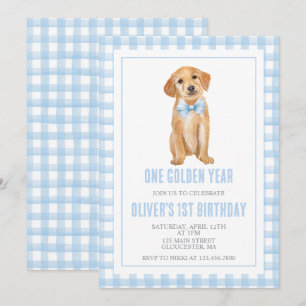 Ein goldenes Jahr Welpen preppy kariert Geburtstag Einladung