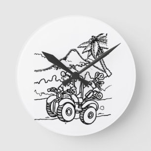 Ein Golfer, der mit seinem Vierrad Golf spielt Runde Wanduhr