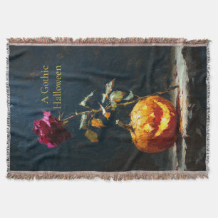 Ein gotischer Halloween-Kürbis und eine Rose Decke