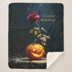 Ein gotischer Halloween-Kürbis und eine Rose Sherpadecke