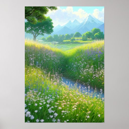Ein grasbedecktes Feld am Bach Poster (Vorne)