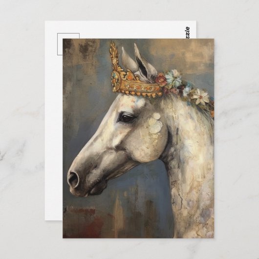 Ein graues Pferd mit einer Blumenkrone Postkarte (Vorne/Hinten)