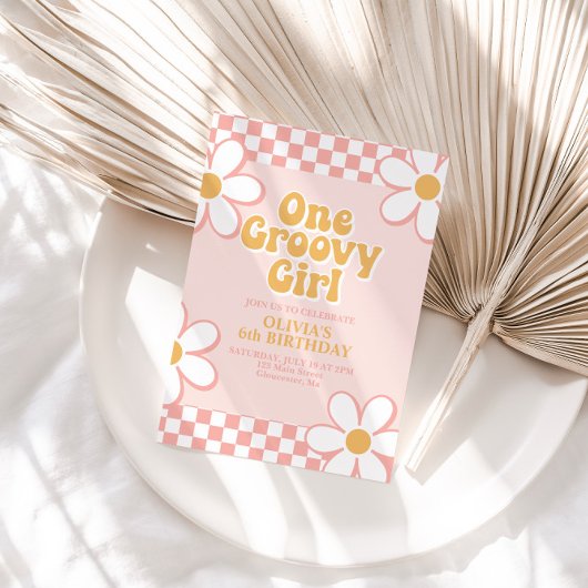 Ein Groovy Girl Retro Karo Pink Daisy Einladung