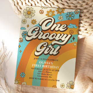 Ein Groovy Girl Retro Rainbow 1. Geburtstags-Party Einladung