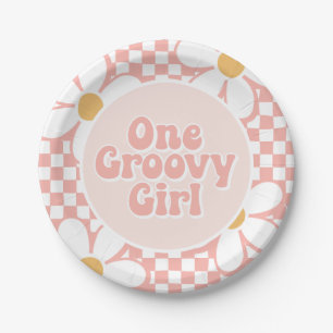 Ein groovy Mädchen Pink Daisy Checker Pappteller