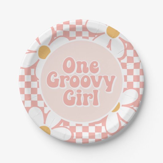 Ein groovy Mädchen Pink Daisy Checker Pappteller (Vorderseite)