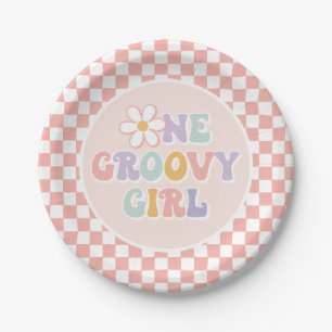 Ein groovy Mädchen Pink Daisy Checker Pappteller