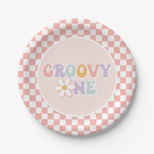 Ein groovy Mädchen Pink Daisy Checker Pappteller