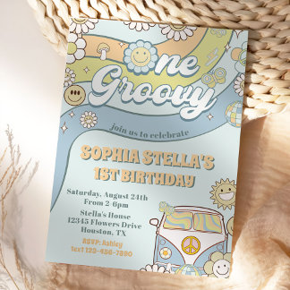 Ein Groovy Retro Rainbow 1. Geburtstag Party Einladung