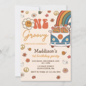 Ein Groovy Retro Rainbow 1. Geburtstag Party Einladung (Vorderseite)