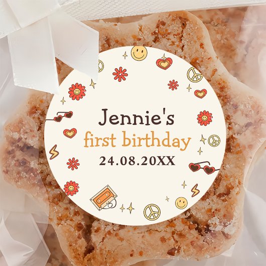 Ein Groovy Retro Rainbow 1. Geburtstag Runder Aufkleber