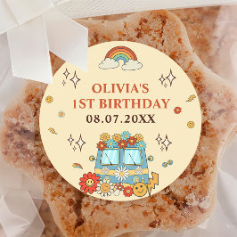 Ein Groovy Retro Rainbow 1. Geburtstag Runder Aufkleber