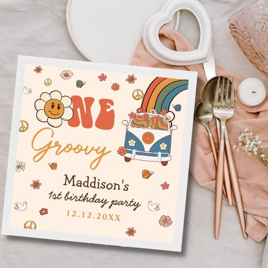 Ein Groovy Retro Rainbow 1. Geburtstag Serviette