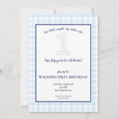 Ein großes Jahr - Klassischer Blue Gingham Birthda Einladung (Vorderseite)