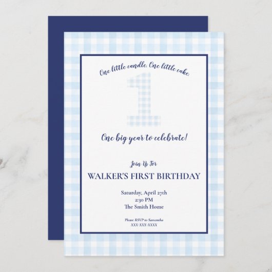 Ein großes Jahr - Klassischer Blue Gingham Birthda Einladung (Vorne/Hinten)
