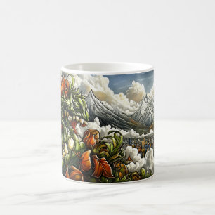 Ein grüner Drache mit scharfen Zähnen und orangen Kaffeetasse