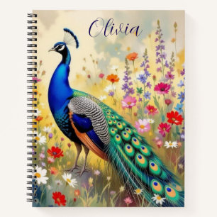 Ein grüner und blauer Pfau in Blumen Personalisier Notizblock