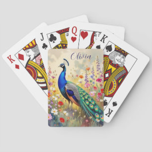 Ein grüner und blauer Pfau in Blumen Personalisier Spielkarten