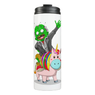 Ein grüner Zombie fährt auf einem niedlich rosa Ei Thermosbecher