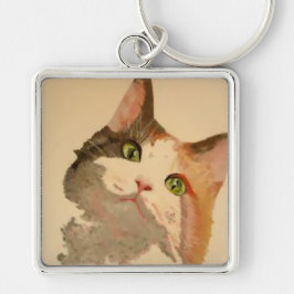 Ein grünes Mit Augen Calico Katze Kunstportrait Schlüsselanhänger