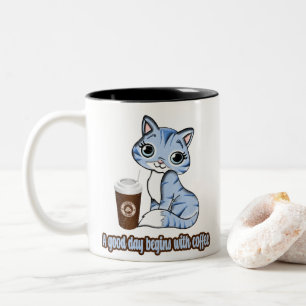 Ein guter Tag beginnt mit Kaffee Katzen und Kaff Zweifarbige Tasse
