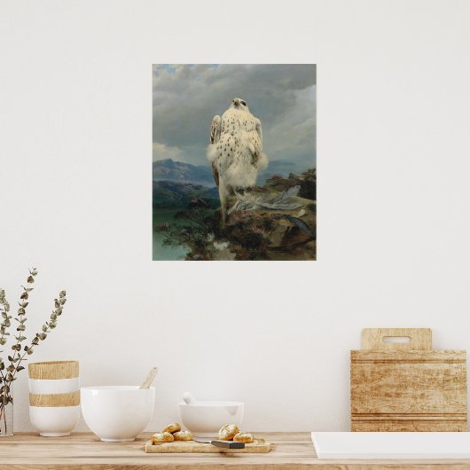 Ein Gyrfalcon in einer ausgedehnten Berglandschaft Poster (Küche)