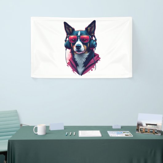 Ein Habu-Hund mit Sonnenbrille und Kopfhörern Banner (Messeveranstaltung)