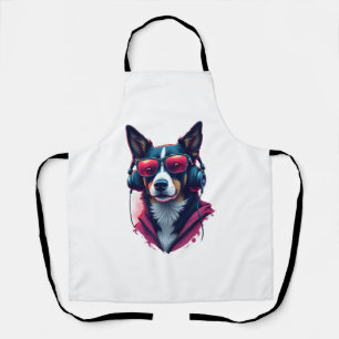 Ein Habu-Hund mit Sonnenbrille und Kopfhörern Schürze
