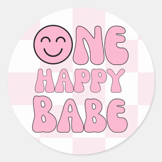 Ein Happy Babe Happy Face Pink Karo Runder Aufkleber (Vorderseite)