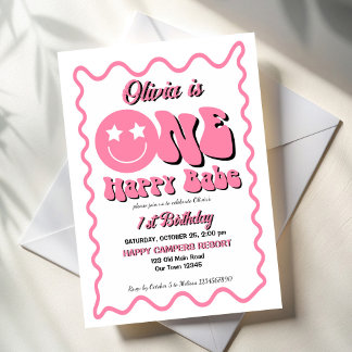 Ein Happy Babe Retro Rosa 1. Geburtstags-Party Einladung