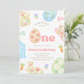 Ein Häschen wird eins Pastell-Geburtstag Einladung (Stehend Vorderseite)