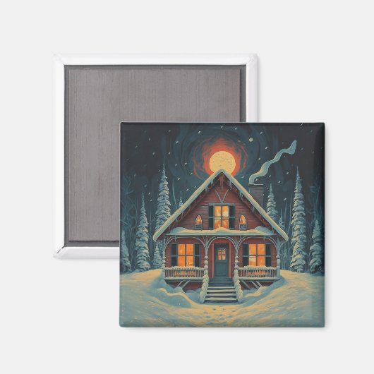 Ein Haus im Winterwald Magnet (Vorderseite/Rückseite)