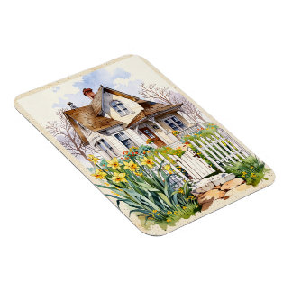 ein Haus mit blühenden gelben Narzissen Magnet