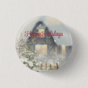 Ein Haus mit Weihnachtsbaum und Zaun Button
