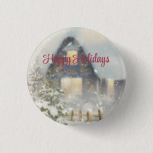 Ein Haus mit Weihnachtsbaum und Zaun Button (Vorderseite)