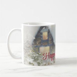 Ein Haus mit Weihnachtsbaum und Zaun Kaffeetasse