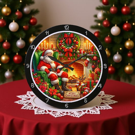 Ein heiterer Weihnachtsmann am Kamin Große Wanduhr