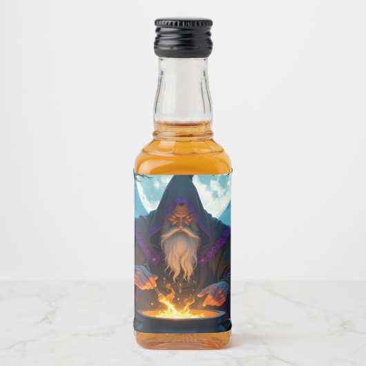 Ein Hexenmeister bricht ein Halloween-Party auf Alkoholflaschenetikett (Vorderseite)