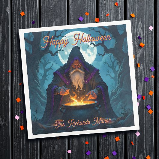 Ein Hexenmeister bricht ein Halloween-Party auf Serviette