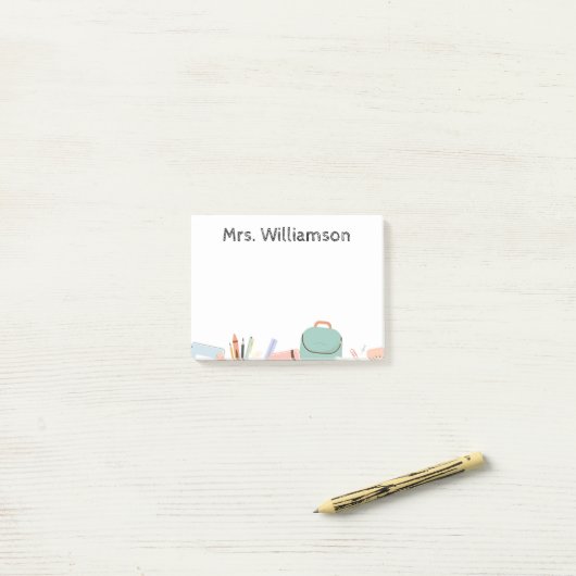 Ein Hinweis des Lehrers nach dem Ende des Schreibe Post-it Klebezettel (Auf Schreibtisch)